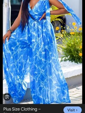 Fashion Nova Blue Water-Print Wide-Leg Jumpsuit